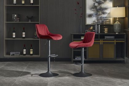 Chrome Footrest and Base Swivel Height Adjustable Mechanical Lifting Velvet + Blackening Leg Simple Bar Stool,Set of 2,Red