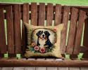 Bernese Mountain Dog and Flowers Throw Pillow Machine Washable, Indoor Outdoor Decorative Pillow for Couch, Bed or Patio, 14Hx14W
