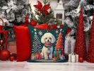 White Toy Poodle Christmas Throw Pillow Machine Washable, Indoor Outdoor Decorative Pillow for Couch, Bed or Patio, 14Hx14W