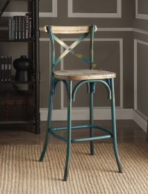Antique Turquoise and Antique Oak Bar Stool with Cross Back