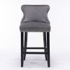 A&A Furniture,Contemporary Velvet Upholstered Wing-Back Barstools with Button Tufted Decoration and Wooden Legs, and Chrome Nailhead Trim