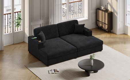 86.5" Oversized Loveseat Chaise Lounge Sectional Sofa Bed Corduroy Sleeper Sofa with Two USB Ports