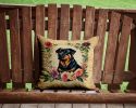 Rottweiler and Flowers Throw Pillow Machine Washable, Indoor Outdoor Decorative Pillow for Couch, Bed or Patio, 14Hx14W