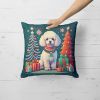 White Toy Poodle Christmas Throw Pillow Machine Washable, Indoor Outdoor Decorative Pillow for Couch, Bed or Patio, 14Hx14W