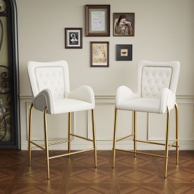 28.75inch Counter Height Bar Stools Set of 2, Bar Height Arm Chairs, Velvet Fabric Stools with Golden Legs and Footrests, White (Color: as Pic)